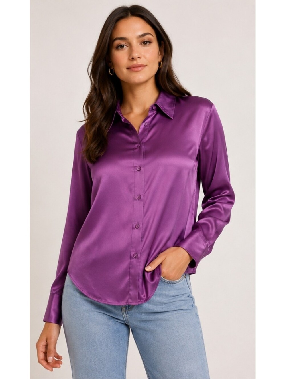 Bob Mackie Silk Button Down Shirt Vintage 90s Shiny Satin Classic Purple